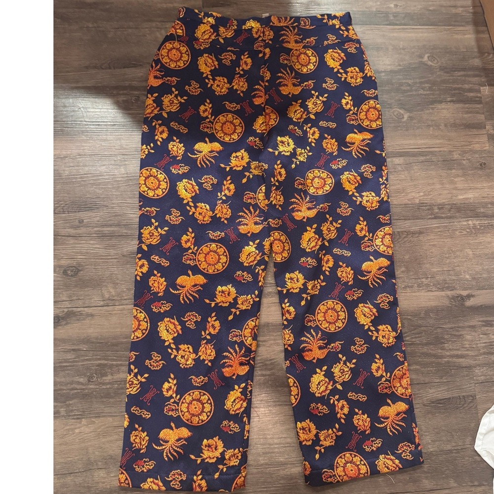 F.L. Malik Women Navy Blue Gold Metallic Brocade Phoenix Floral Straight Pants 8